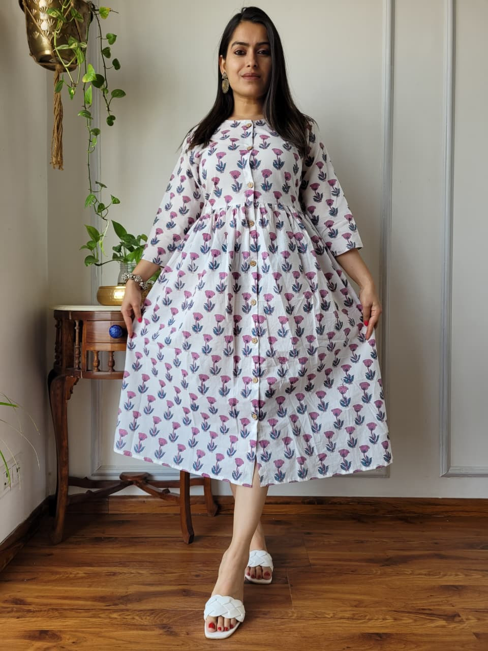 White and Pink Floral Hand Block Printed Cotton A-Line One Piece Dress with a round neckline and front button placket.