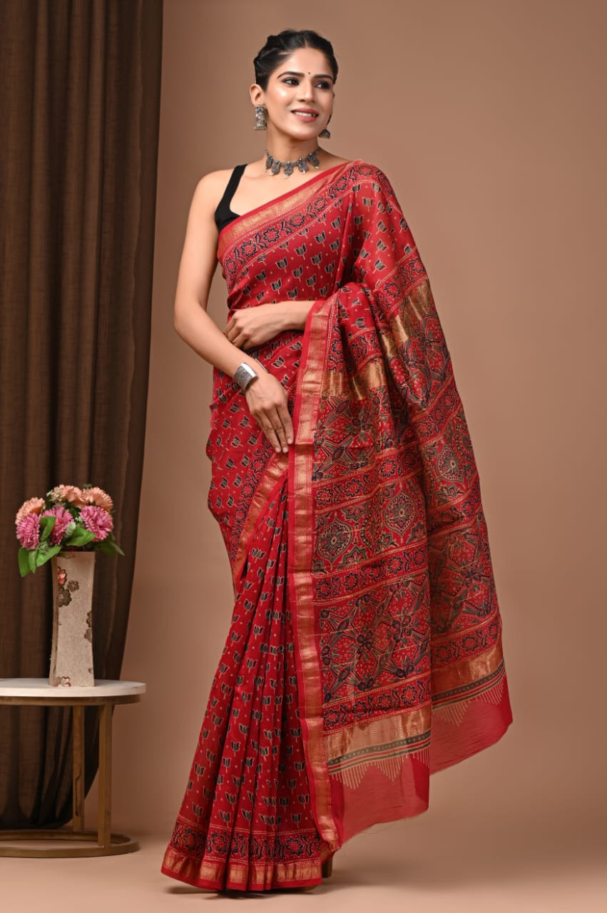Red, Black, and Gold Hand-Block Printed Maheshwari Silk Saree