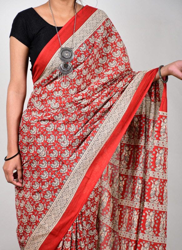Red and Beige Floral Figurative Cotton Mulmul Saree