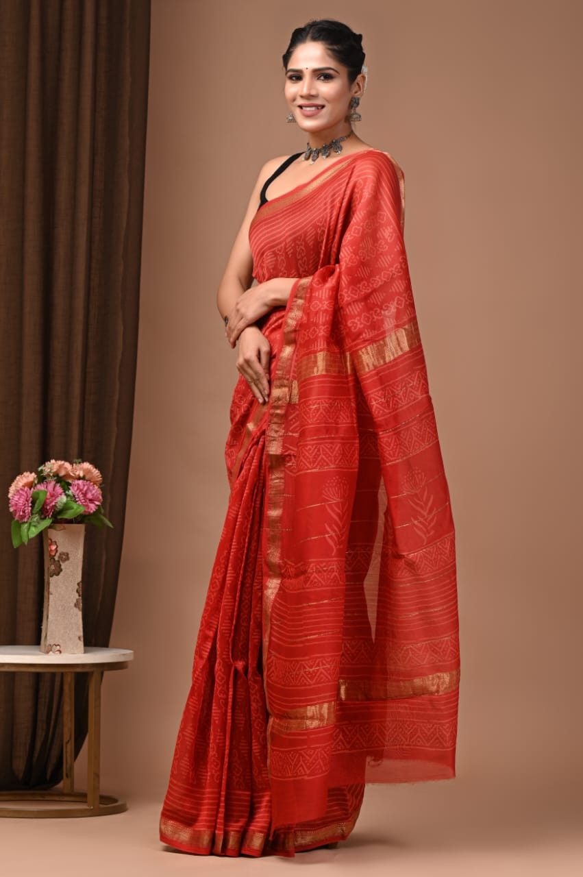 Red Maheshwari Silk Handloom Saree with Geometric and Tribal Block Prints