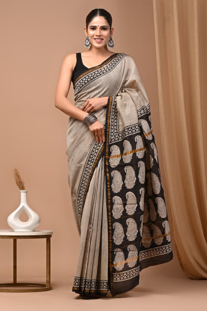 Timeless Paisley: Hand-Block Printed Maheshwari Cotton-Silk Saree in Beige & Black