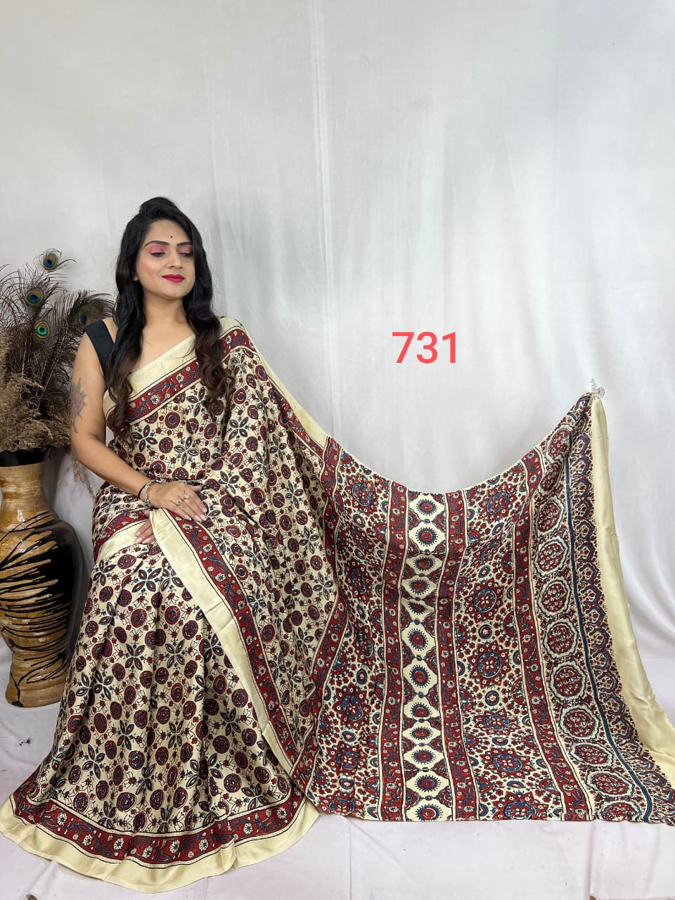 White or Beige Modal Silk Ajrakh Saree.