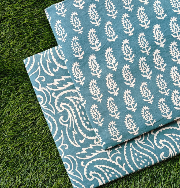 Teal Blue 'Paisley & Vine Motif' Hand-Block Bagru Dabu Print Cotton (60/60) Cambric Suit Set – Top 2.50 MTR + Bottom 2.50 MTR