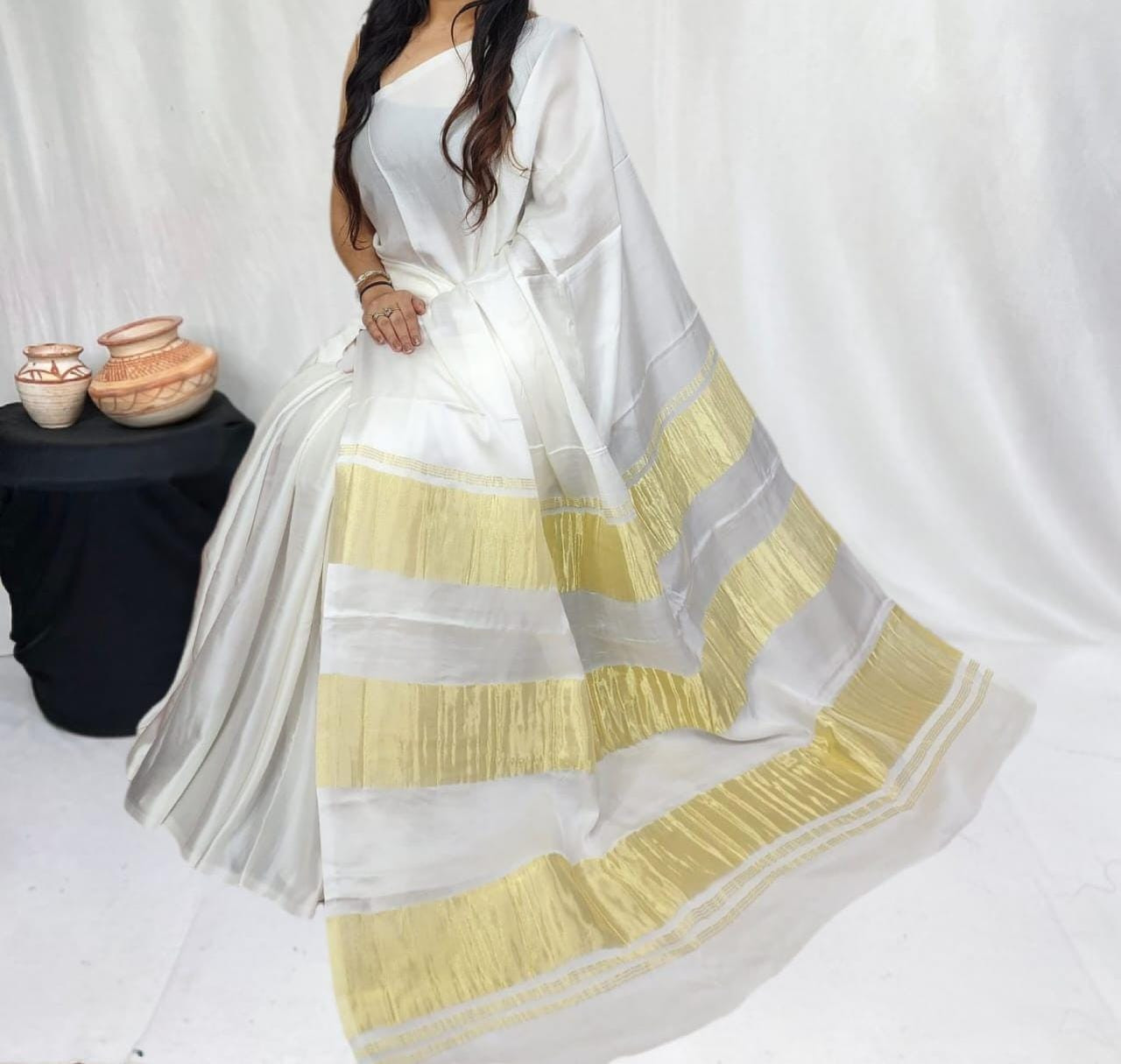 White Pure Modal Silk Saree with 3 Lagdi Patta Tissue Pallu (Length-6.50 mtr with Width-46 inches)