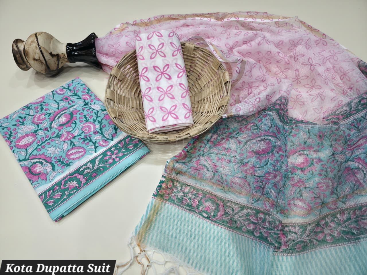 Teal & Pink Floral Hand Block Print Cotton Suit with a sheer Kota Doria Dupatta.