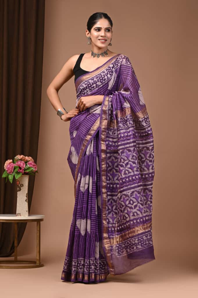 Purple Hand Block Printed Maheshwari/Linen Silk Saree