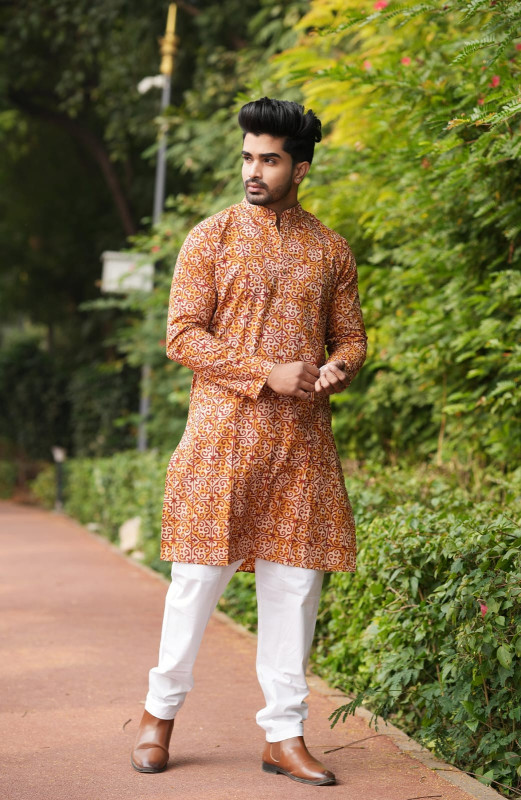 Mustard Yellow Printed Kurta with White Pyjama