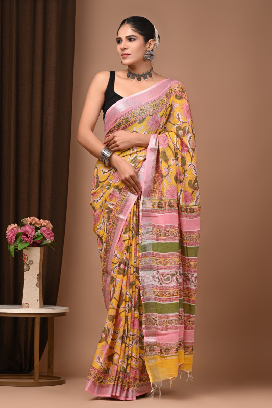 Mustard Yellow Handblock Printed Cotton Saree with Pink Floral & Multicolor Pallu Design