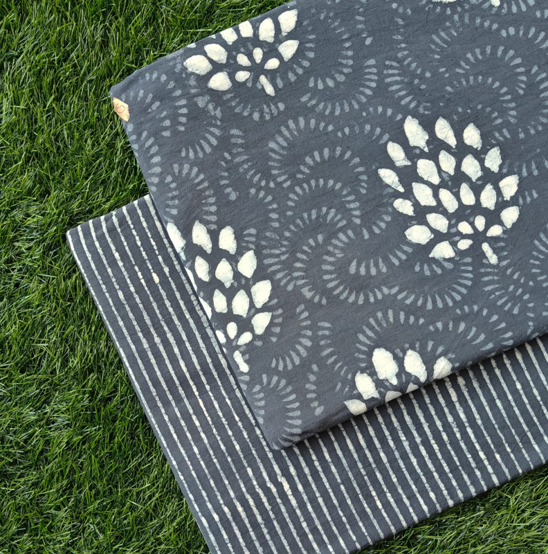 Grey & Off-White 'Leaf Cluster & Stripe' Hand-Block Bagru Dabu Print Cotton (60/60) Cambric Suit Set – Top 2.50 MTR + Bottom 2.50 MTR