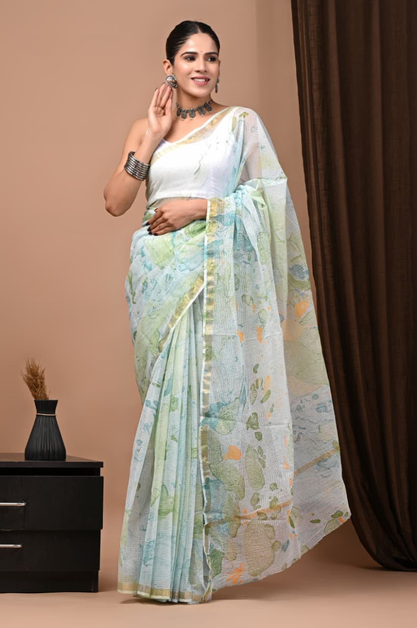 Light Blue & Green Hand Block Printed Kota Doria Saree