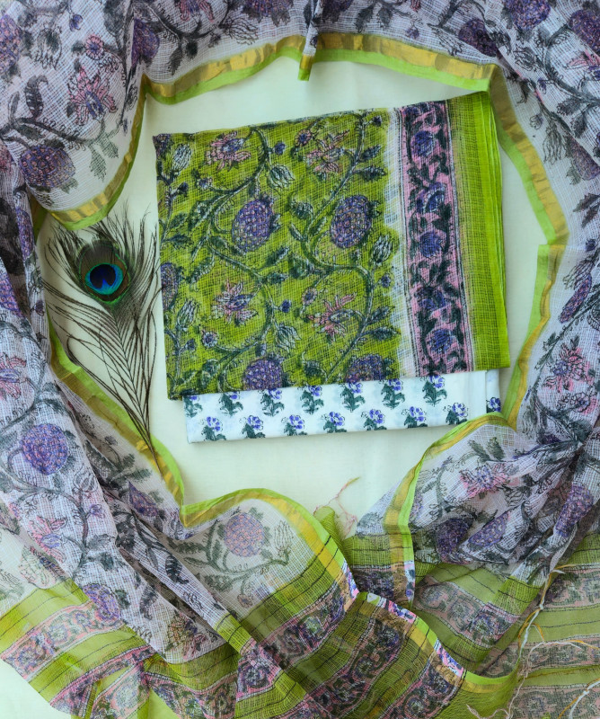 Green and Purple Floral Handblock Printed Cotton Kota Doria Suit   2.5m top & dupatta and 2.5m cotton cambric bottom