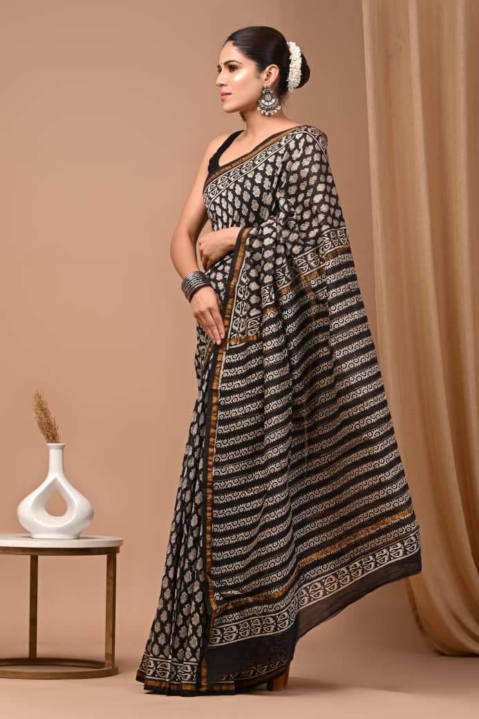 Madhubala Bagru Hand-block Printed Maheshwari Silk Saree