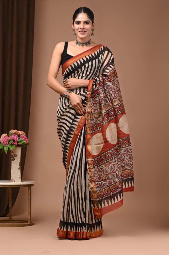 Black, White, and Red Hand Block Print Saree
