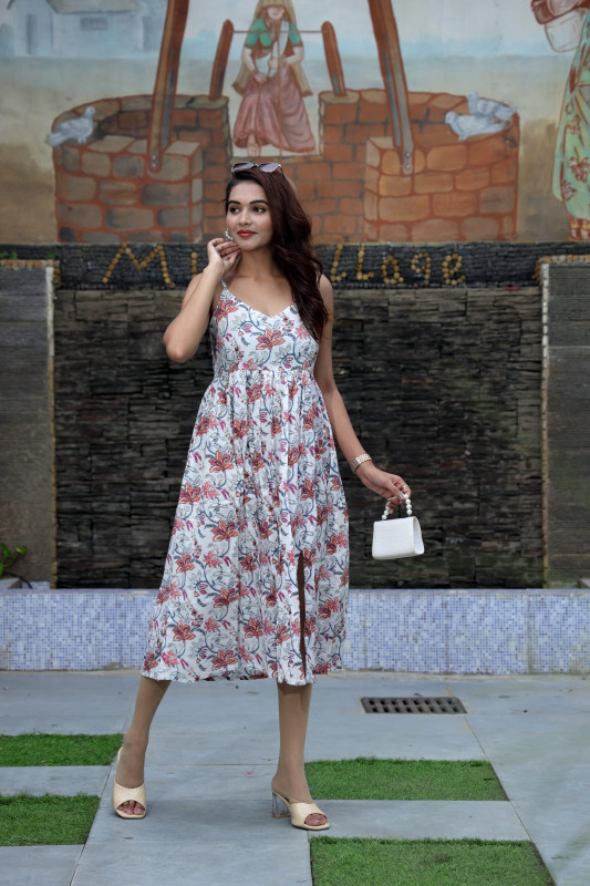 White Floral Print Sleeveless Gathered One pices  Dress with Side Slit