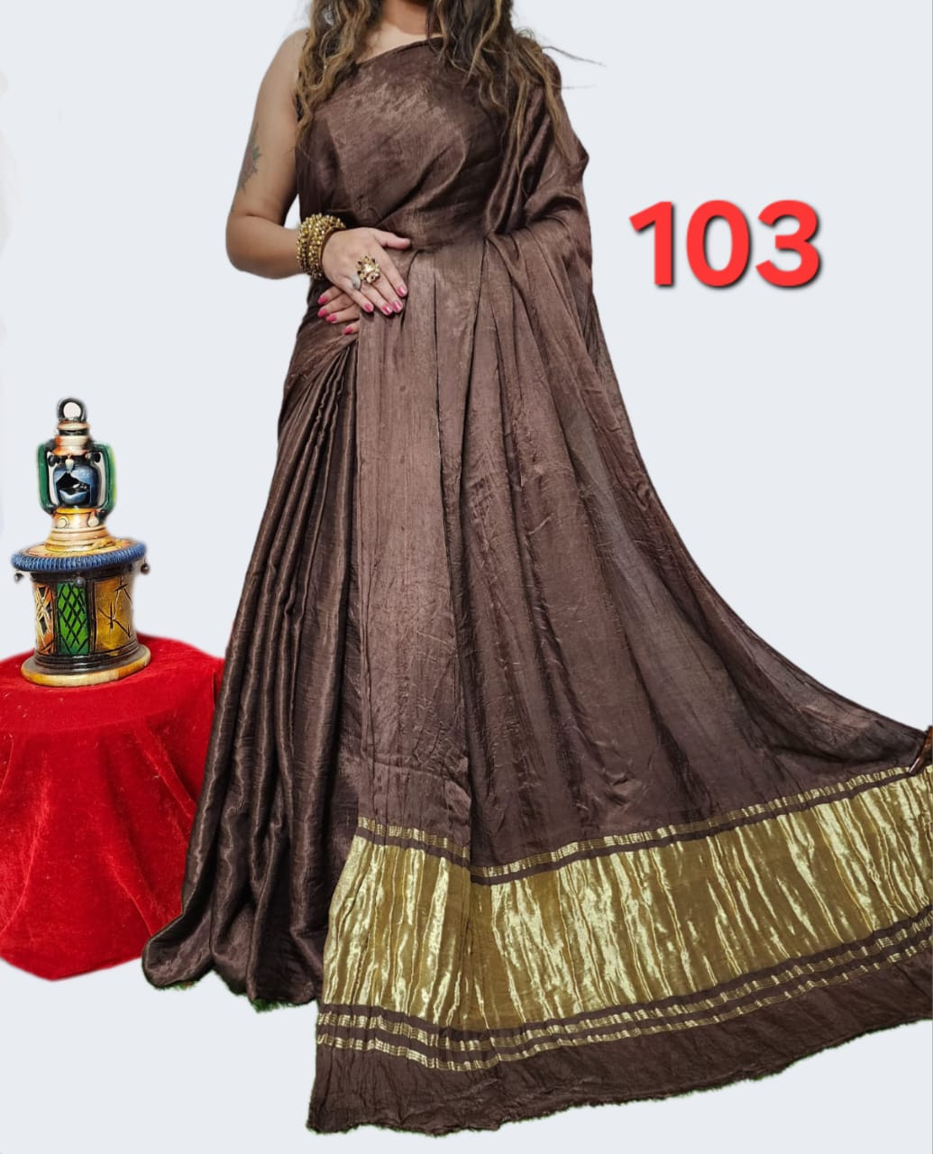 Coffee Brown Crushed Silk Saree with Antique Gold Border.