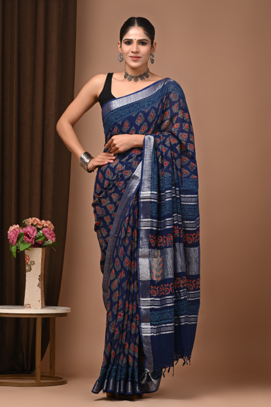 Indigo Blue Hand Block Printed Linen Saree with Silver Border