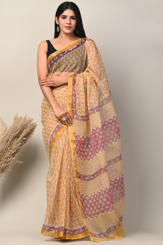 Yellow & Pink Hand Block Print Kota Doria Saree