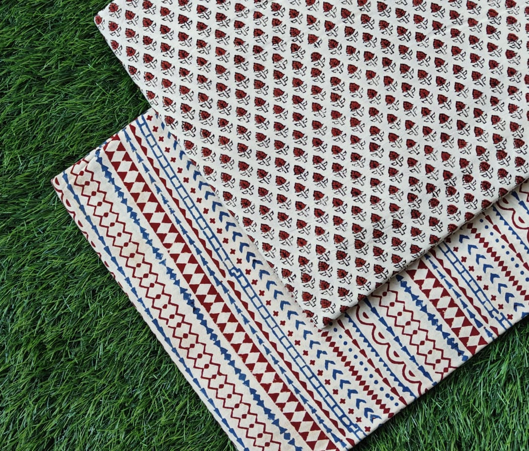 Red & Blue Hand-Block Printed Cotton (60/60) Cambric Unstitched Suit Fabric Set