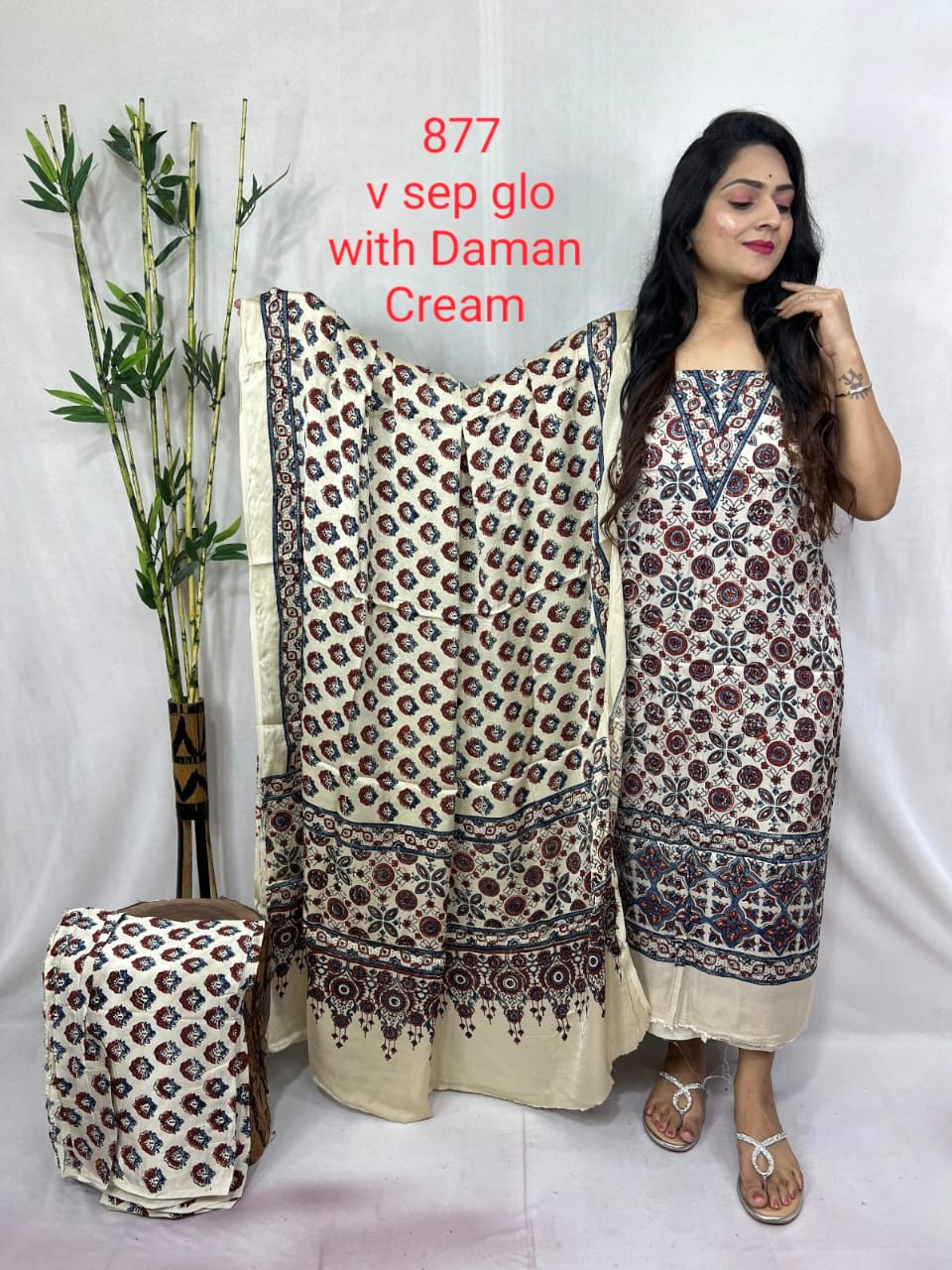 Daman Cream Saree suit traditional Ajrakh hand block