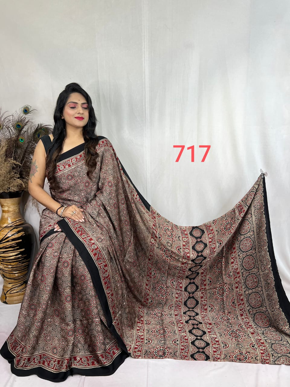 Brown & Red Ajrakh Hand Block Print Modal Silk Saree.