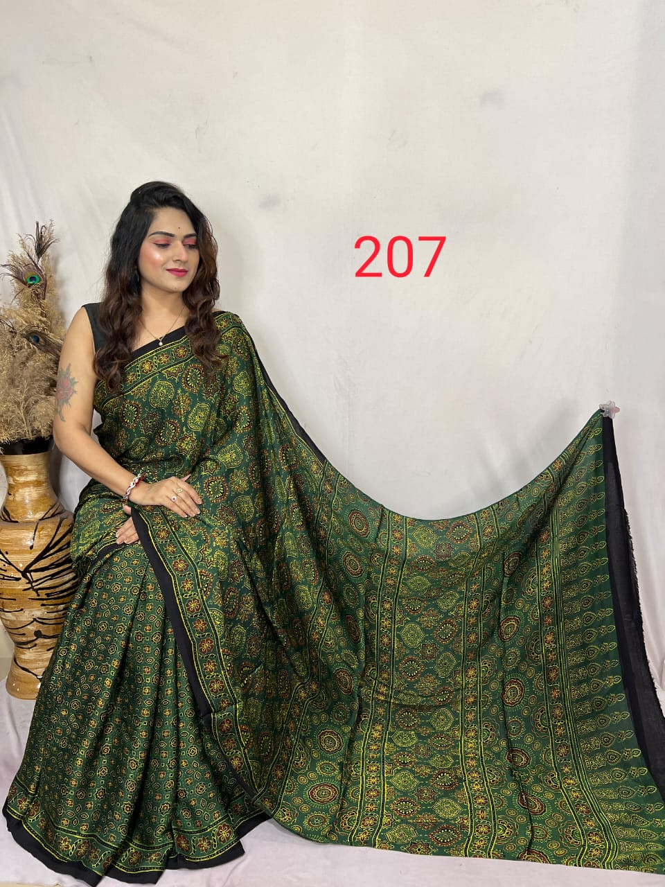 Green and Black Modal Silk Ajrakh Print Saree