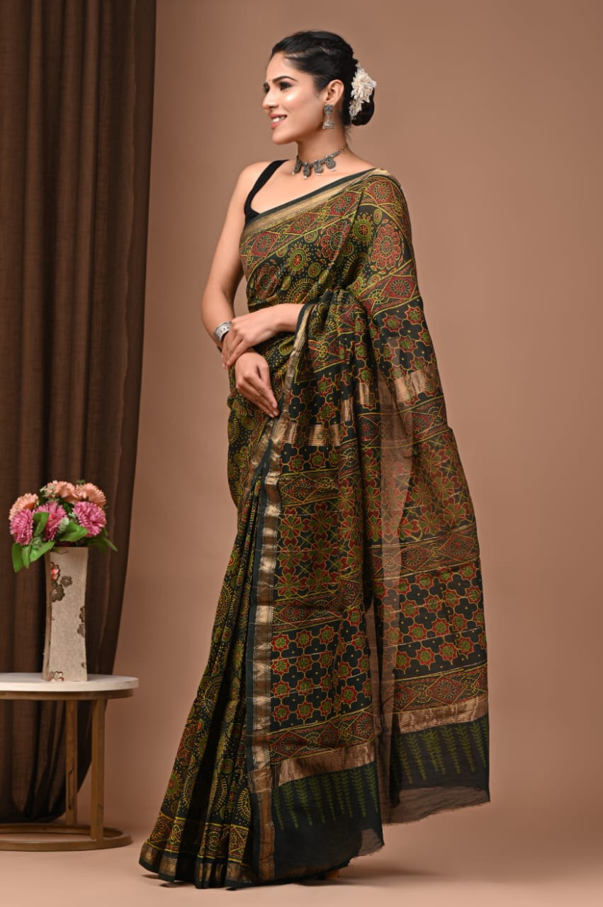 Black and Multicolor Hand Block Printed Maheshwari Silk Saree