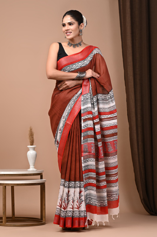 Brown Hand Block Printed Cotton Linen Saree