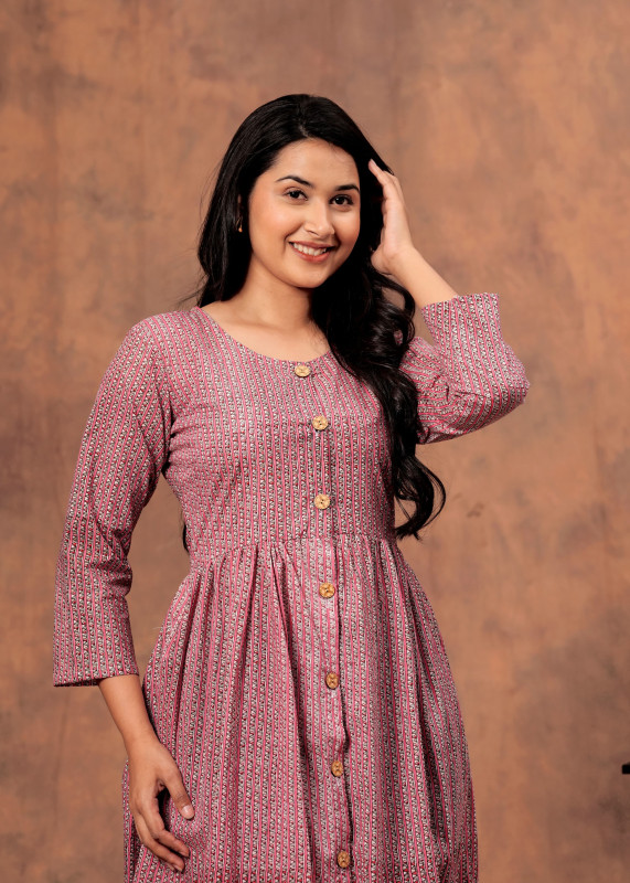 mauve, dusky rose, or a reddish-pink The "Colors of Jaipur" Collection: Handblock Printed Pure Cotton Button-Down  one piece dress