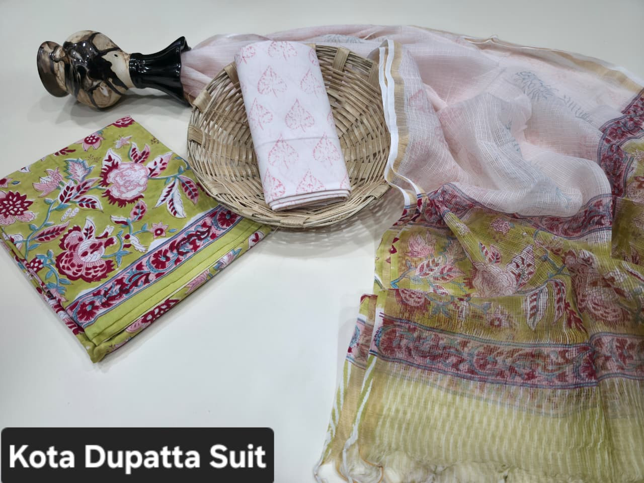 Olive Green and Pink Floral Hand Block Print Cotton Suit with Kota Doria Dupatta.