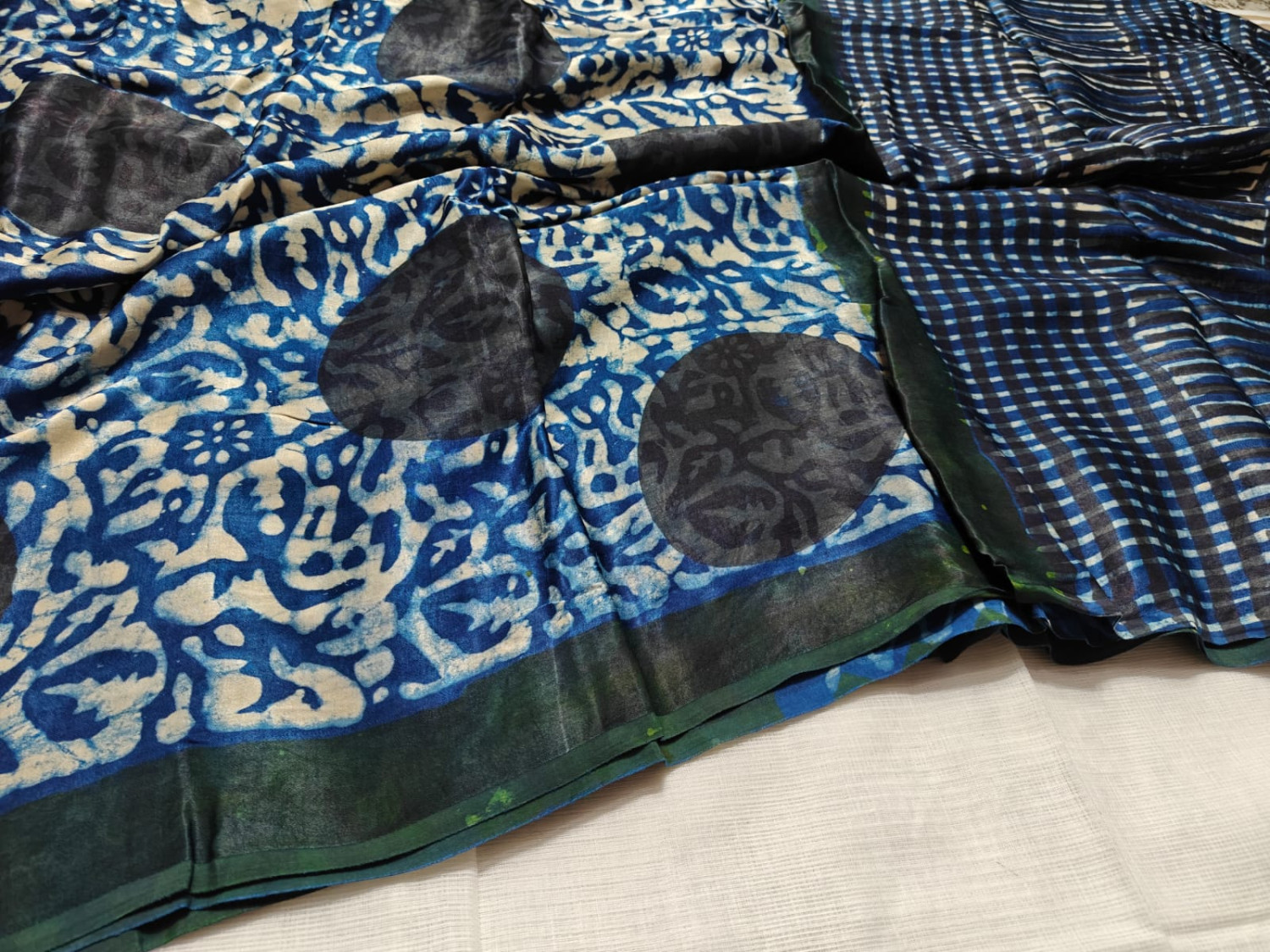Indigo hand block print ajrk vanaspati pure modal silk saree with printed blouse