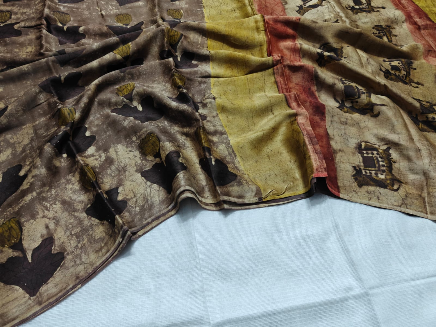 Brown and Beige Hand Block Print Ajrakh Vanaspati Modal Silk Saree with printed blouse