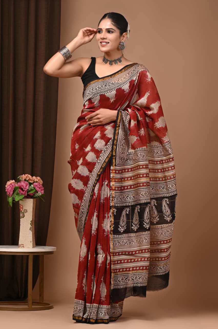 Red and Beige Hand Block Printed Traditional Silk Saree with Blouse: Natural Dyes & Colors