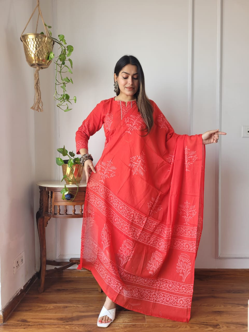 red hand block printed cotton suit set (kurta, pants, and dupatta)