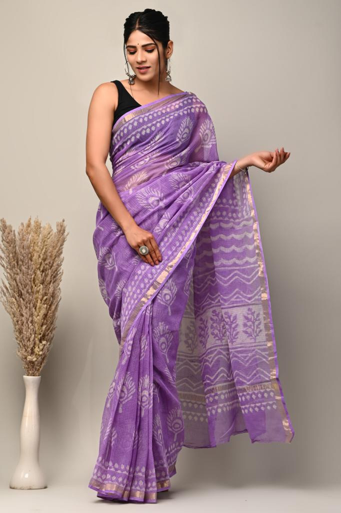 Purple Shibori Tie-Dye Hand Block Printed Kota Doria Saree
