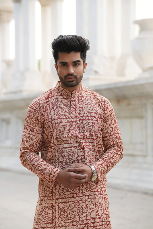 Maroon/Red with Beige "Bel Buti" Block Print Kurta