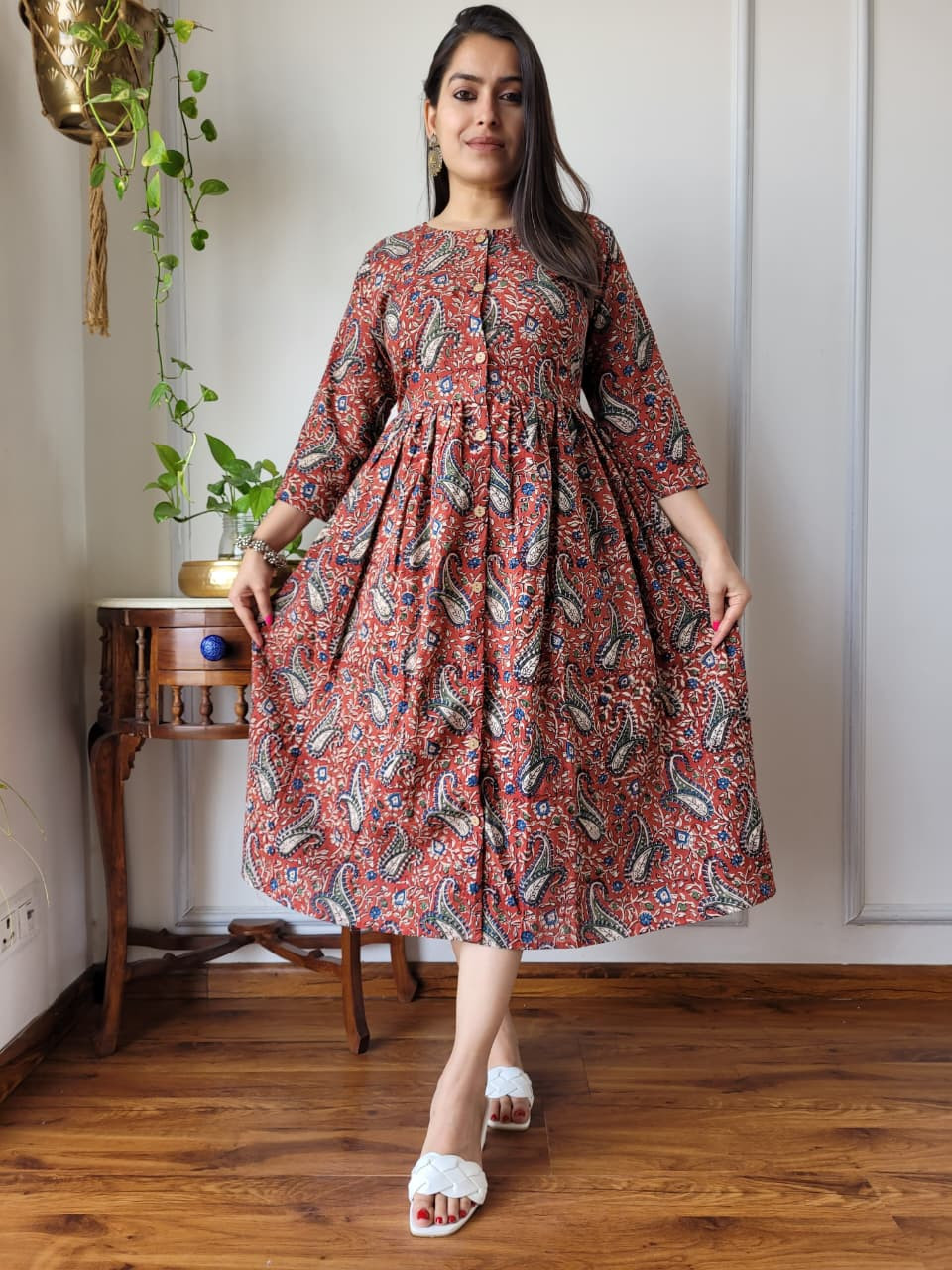 rust red hand block printed cotton One Piece dress