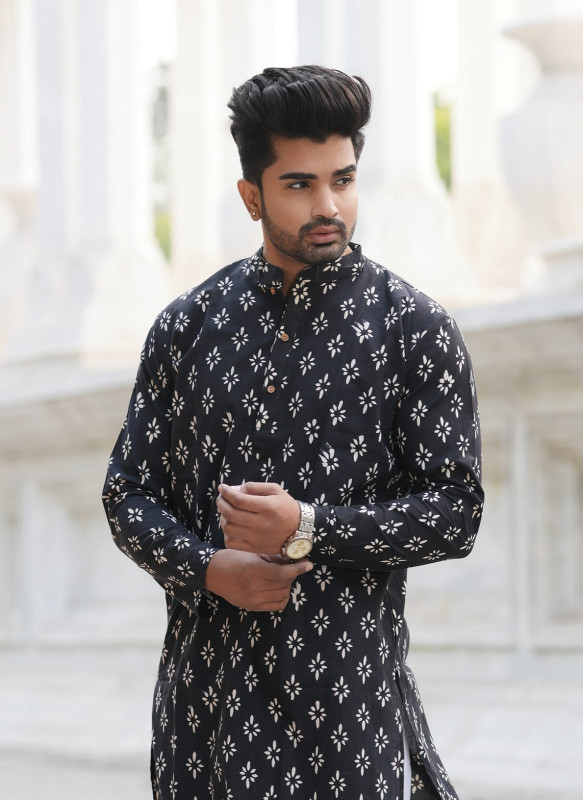 Black Base White Floral Printed Men's Kurta