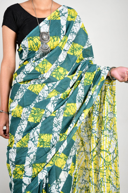 Green and Yellow Batik Cotton Mulmul Saree