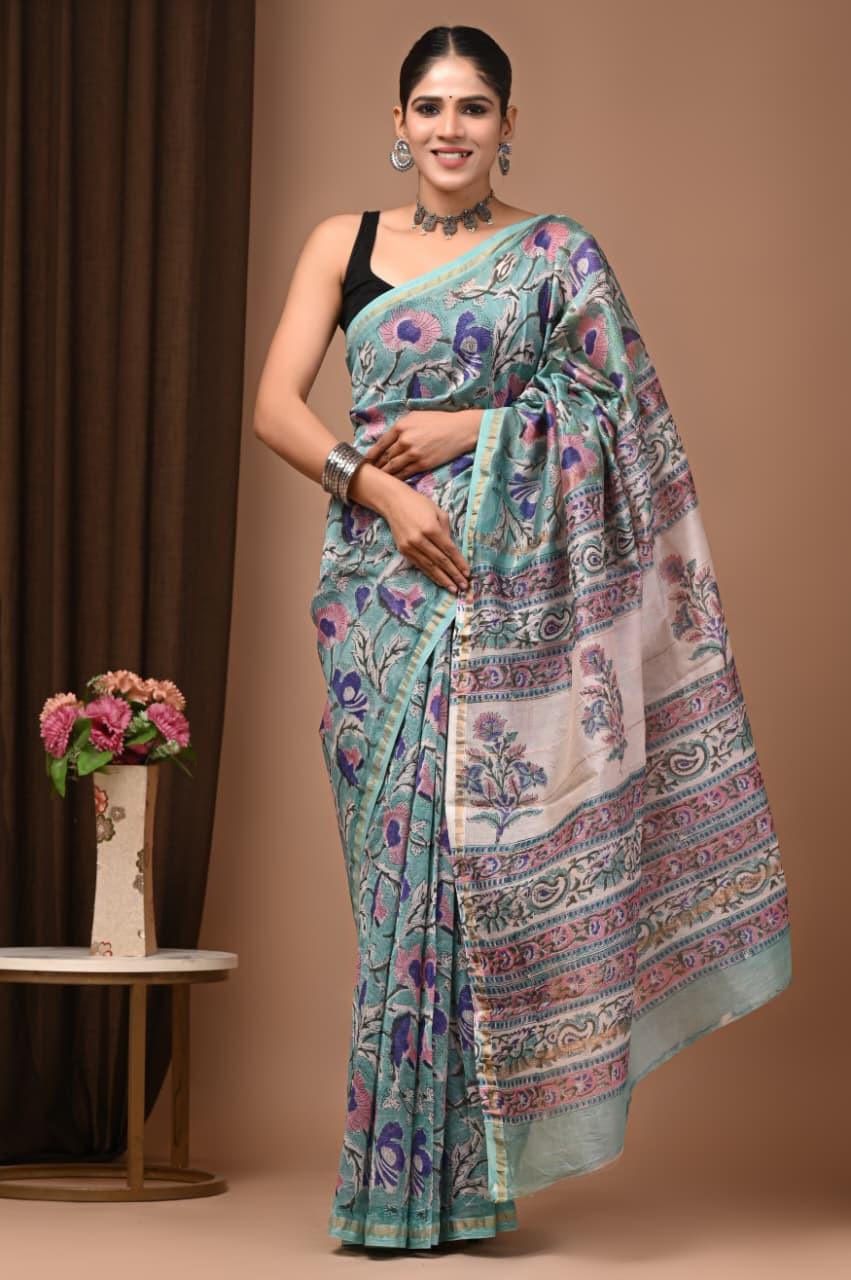 Aqua Bloom Floral Printed Pure Silk Saree with Black Blouse