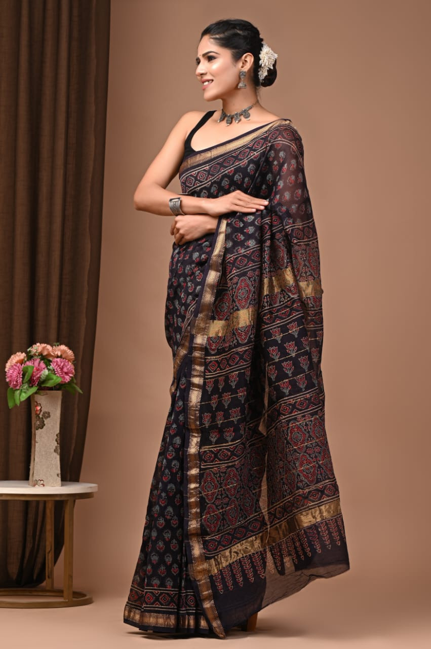 Black and Red Hand Block Printed Maheshwari Silk Saree
