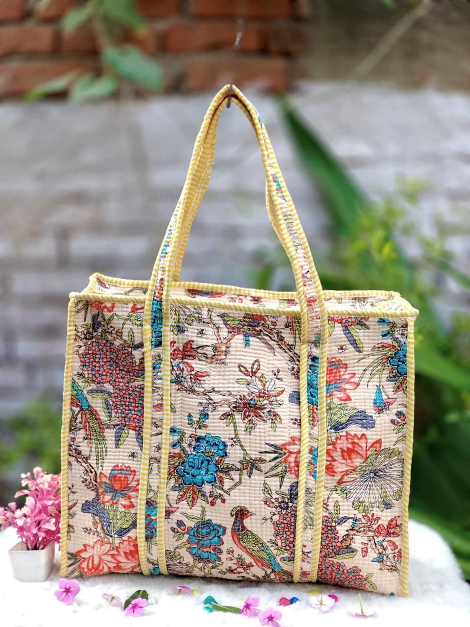 Ivory Garden Floral Quilted Cotton Tote Bag