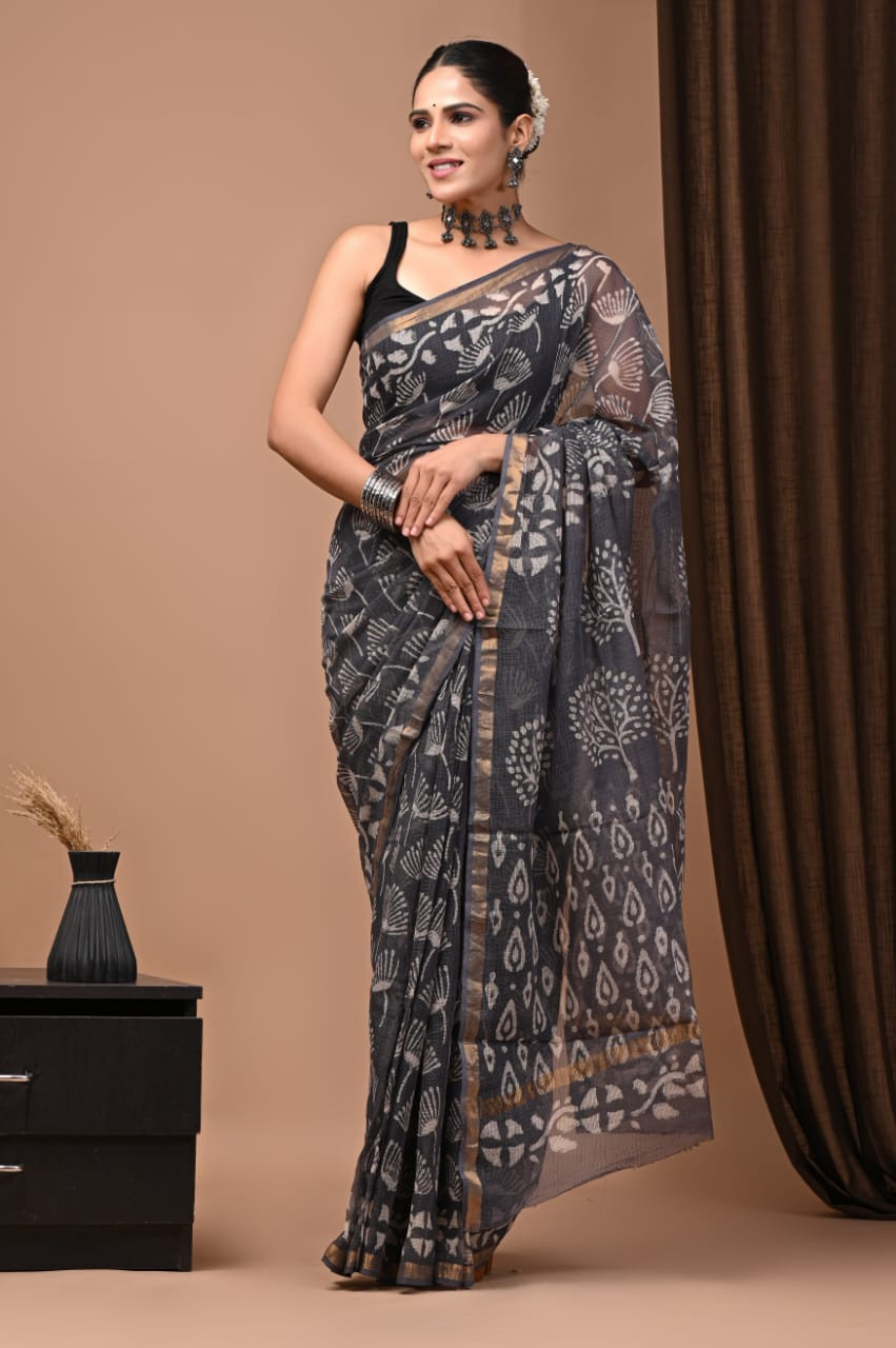 Black & White Hand Block Print Kota Doria Saree