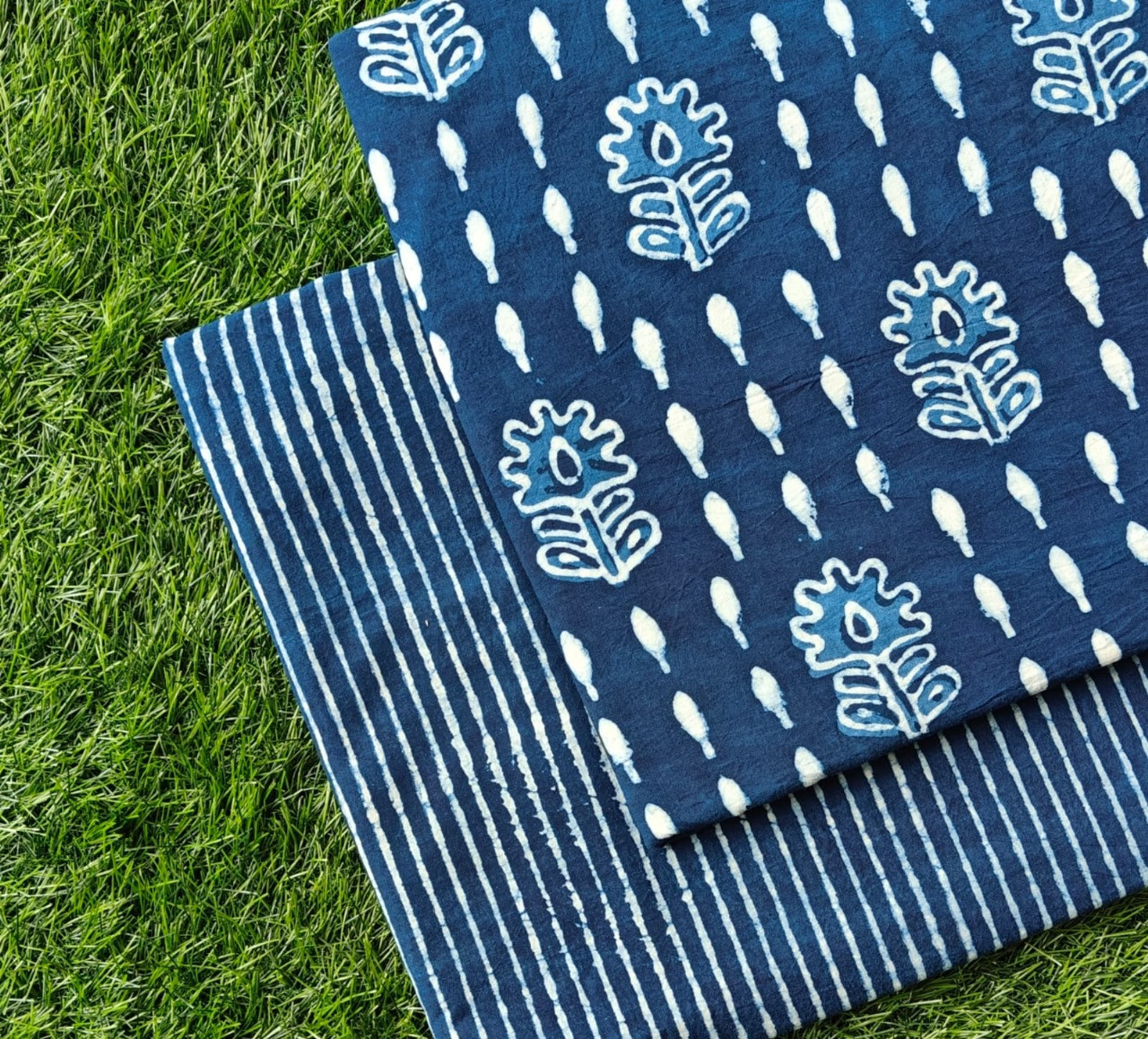 Indigo Blue Leaf & Stripe Dabu Bagru Hand Block Print Cotton (60/60) Cambric Unstitched Suit Material (Top 2.50 MTR + Bottom 2.50 MTR)