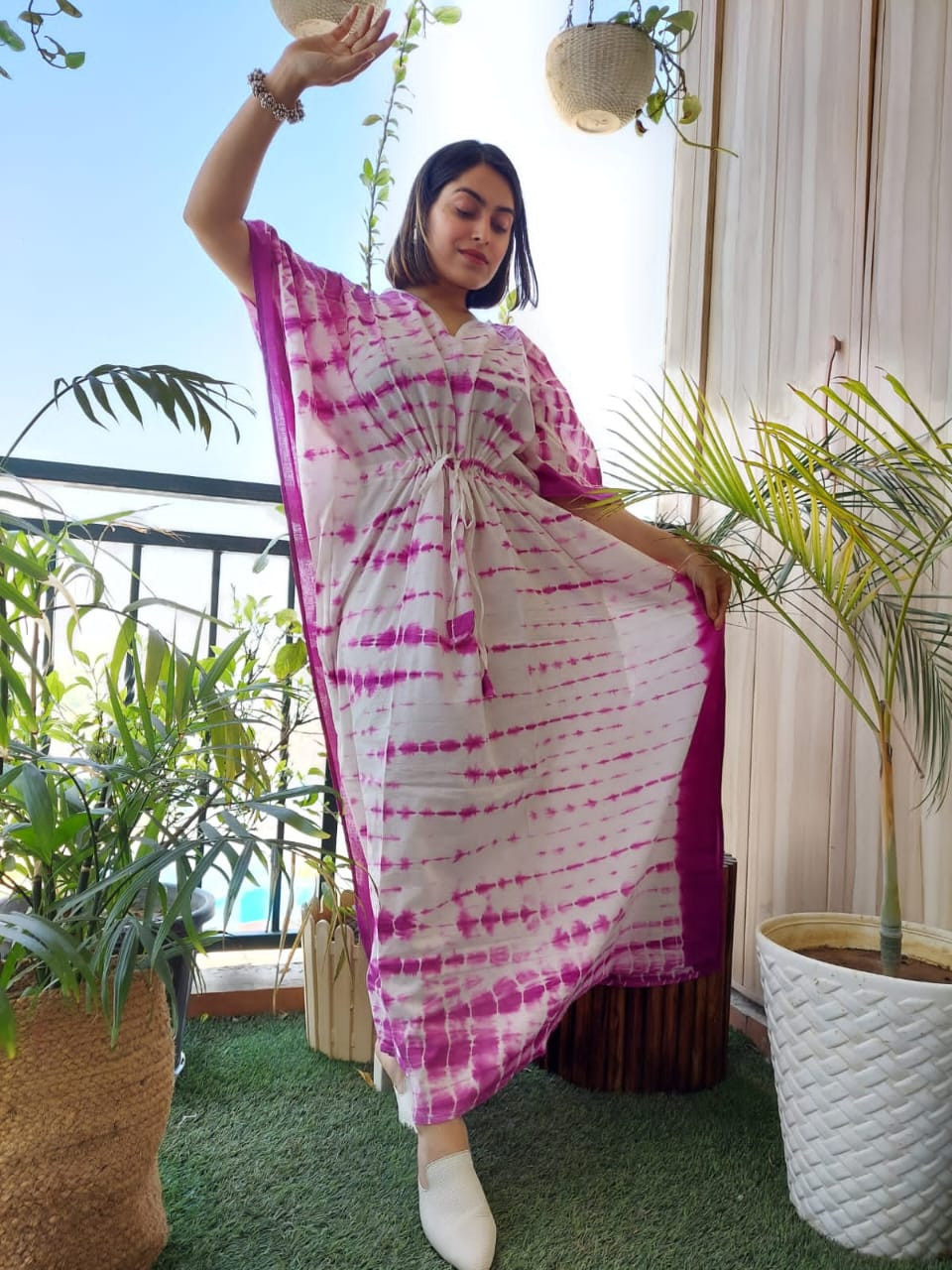 Pink Cotton Digital Printed Party Wear Kaftan
