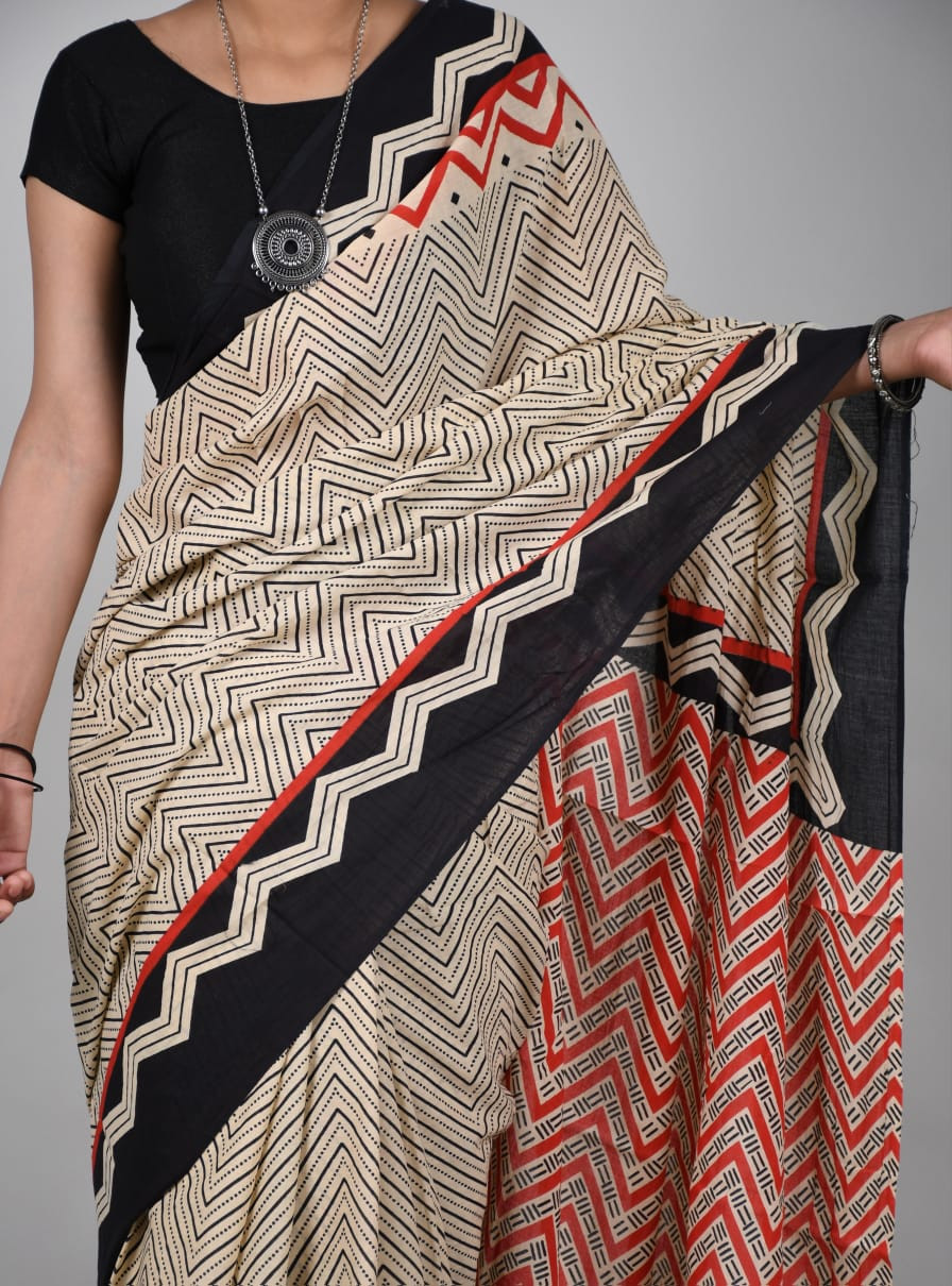 Beige and Black Geometric Cotton Mulmul Saree