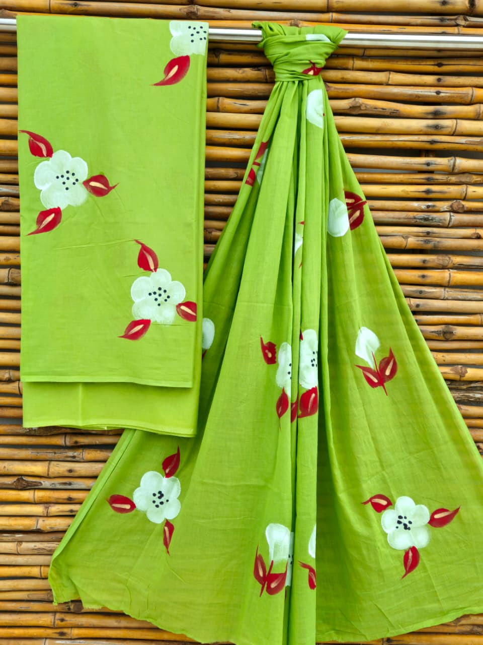 Vibrant Lime Green Hand Painted Cotton Suit Set
