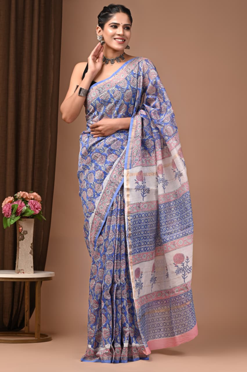 Ocean Blossom: Hand-Block Printed Maheshwari Silk-Cotton Saree in Sky Blue & Pink