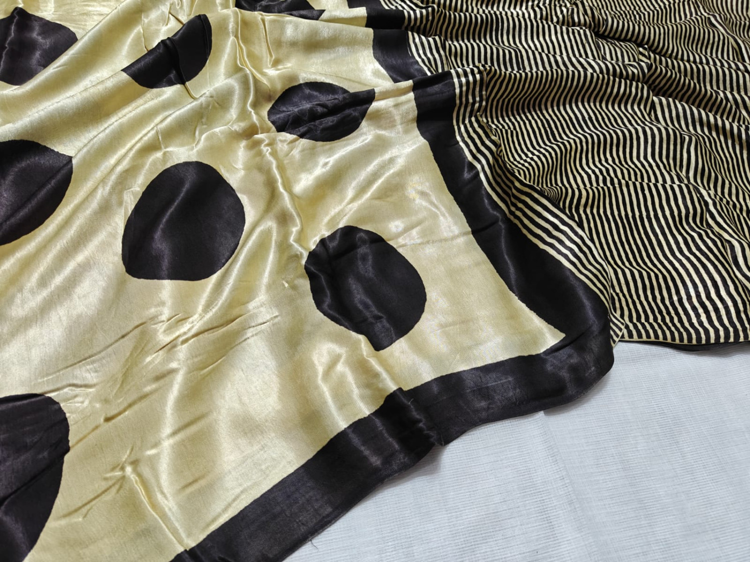 Ivory Black Polka Stripe  hand block print  ajrk vanaspati Pure  modal Silk Saree