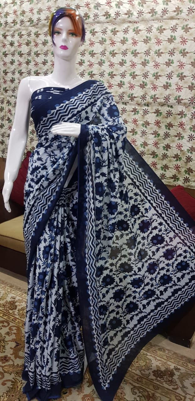 Indigo Blue and White Mulmul Cotton Saree with Floral Block Print and Chevron Borders.