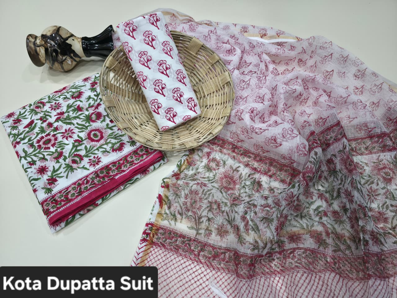 White and Pink/Red Floral Hand Block Print Cotton Suit with Kota Doria Dupatta.